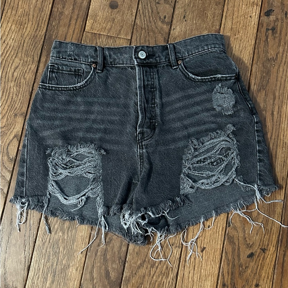 PACSUN Hi-Rise ICON Jean Shorts Vintage Black Destroyed EUC Sz 28 Waist